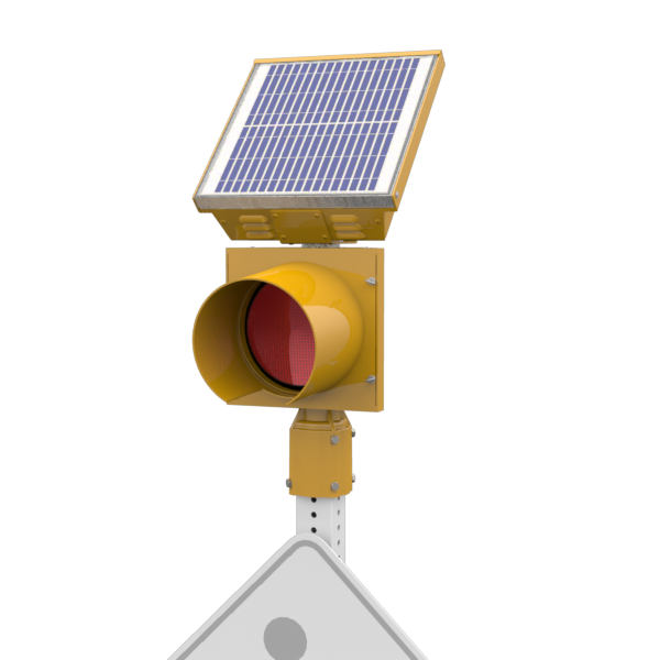 R247-E, 24 Hour 8" Red Flashing Beacon, Square 2 - 2.5" or Round 2.38 - 2.88" OD Post Mount, Integrated Solar Engine Yellow