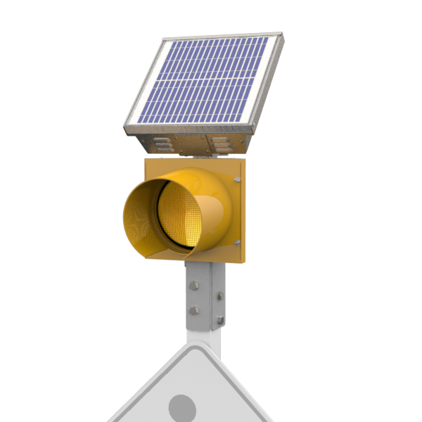 R247-E, 24 Hour 8" Yellow Flashing Beacon, Wood Post Mount, Integrated Solar Engine Natural Aluminum