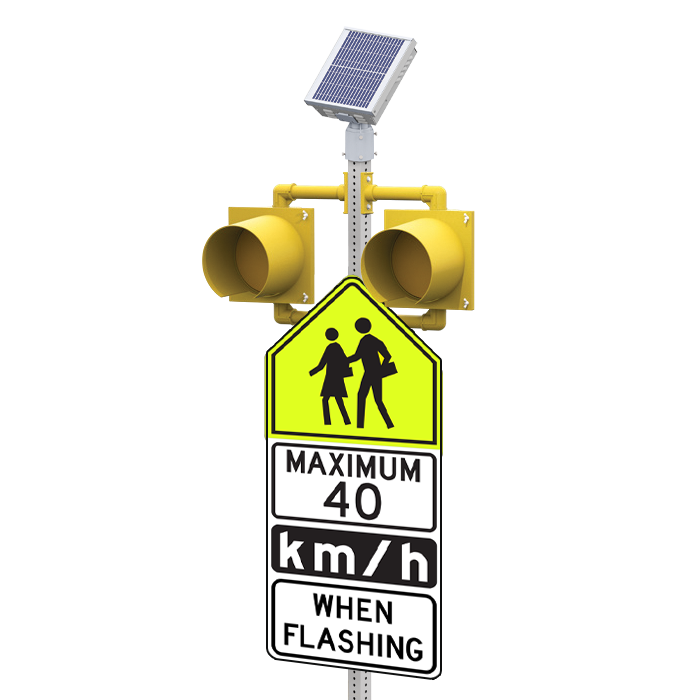 R829-E School Zone Beacon Dual 12" Yellow Beacon, Side of Post Mount, Solar Engine Yellow